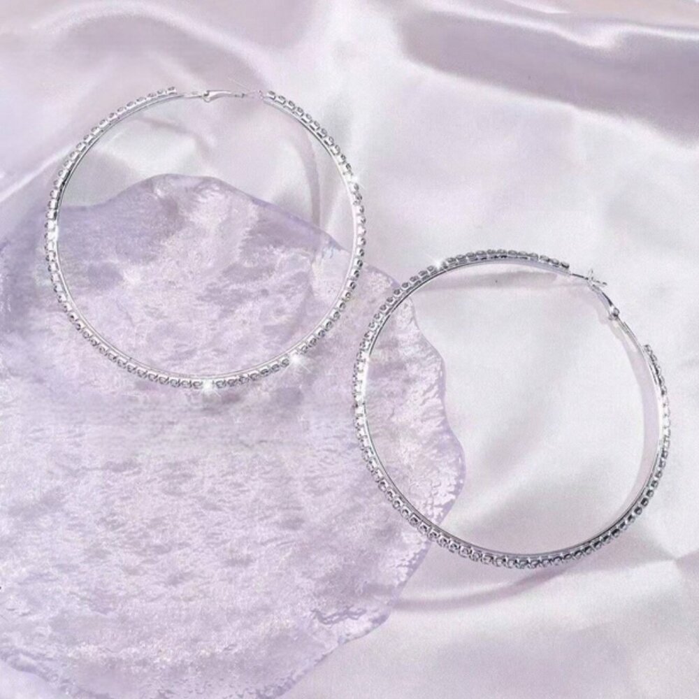 3" Large 925 Sterling Silver Womens 2ct Diamond Hoop Earrings 3 in Hoops Jewelry - Picture 3 of 5